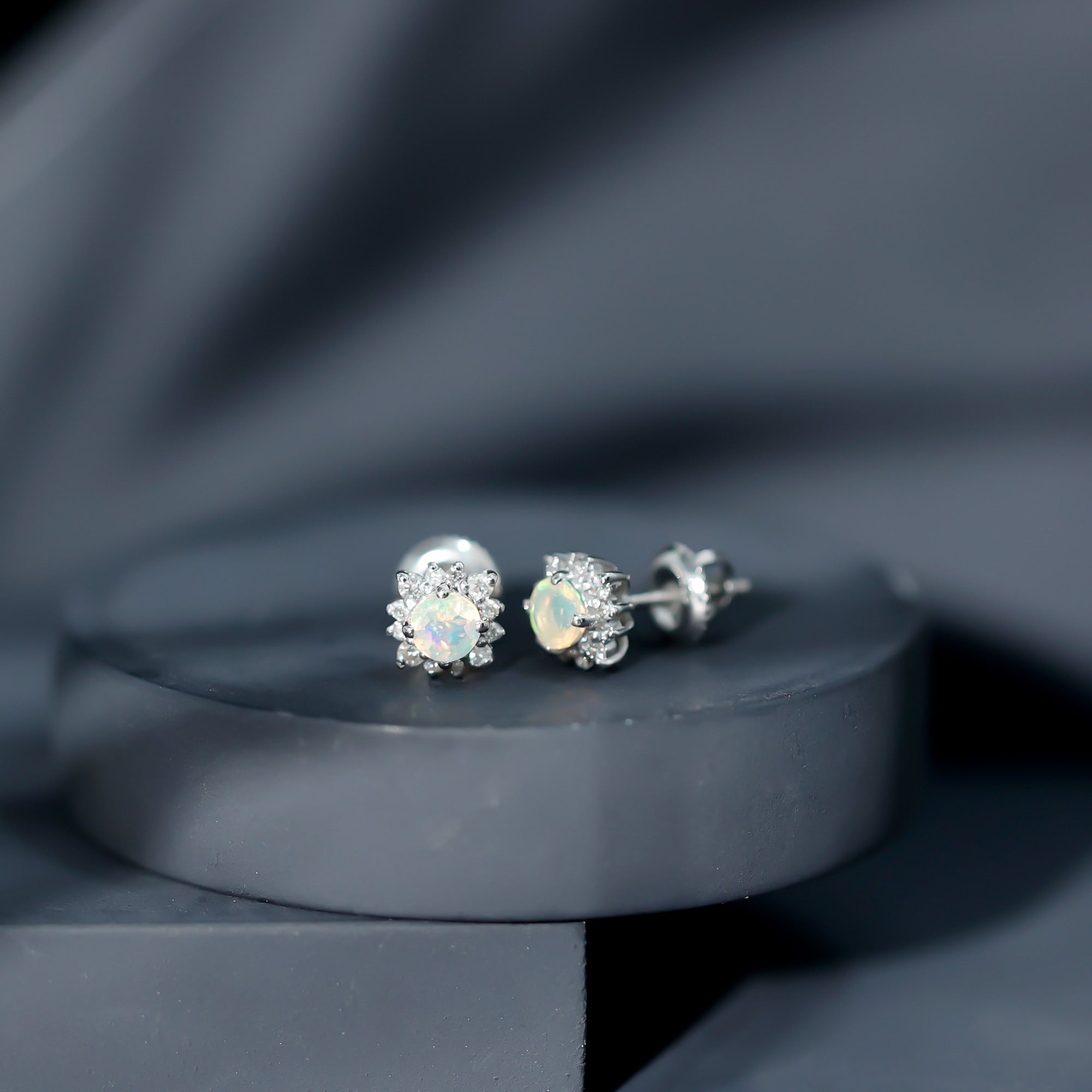 1 CT Classic Ethiopian Opal Stud Earrings with Diamond Halo