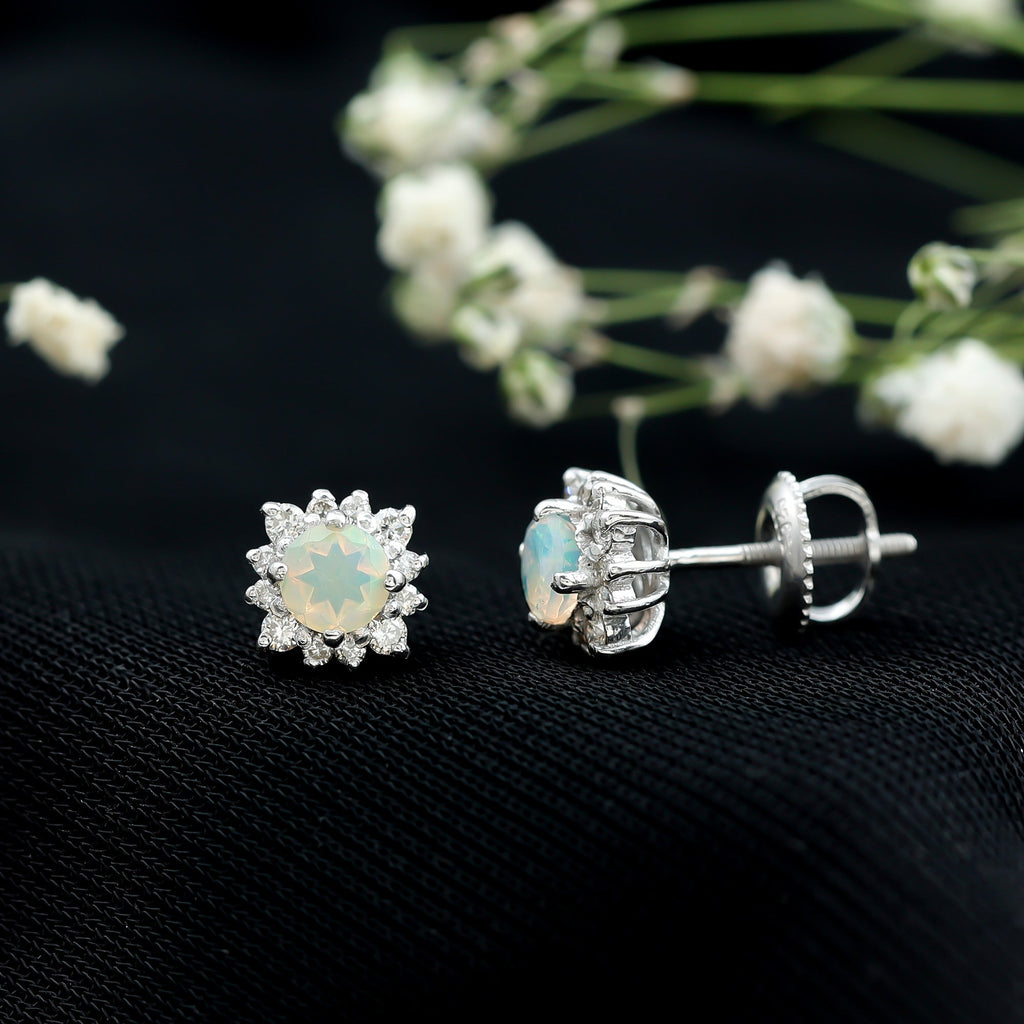 1 CT Classic Ethiopian Opal Stud Earrings with Diamond Halo