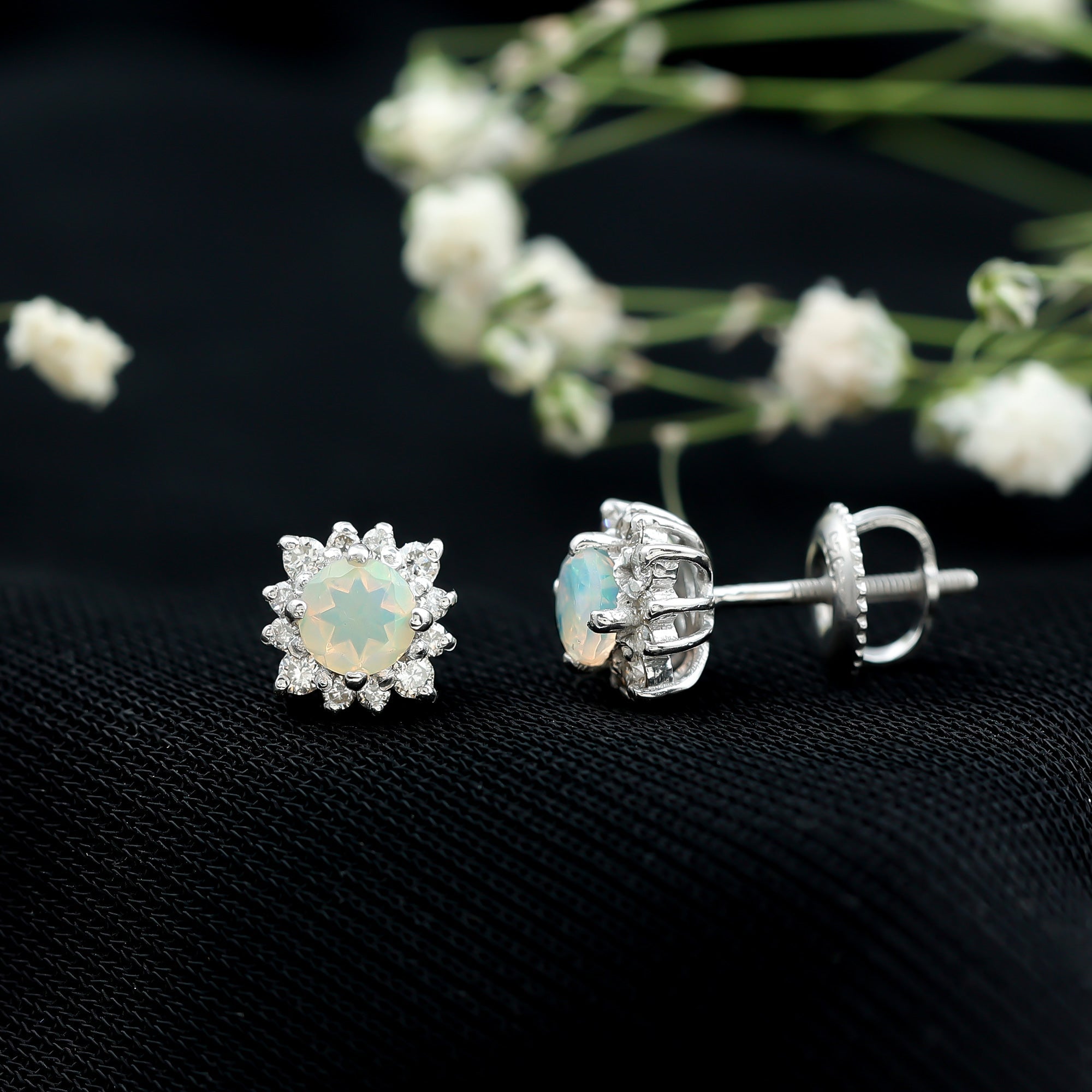 1 CT Classic Ethiopian Opal Stud Earrings with Diamond Halo