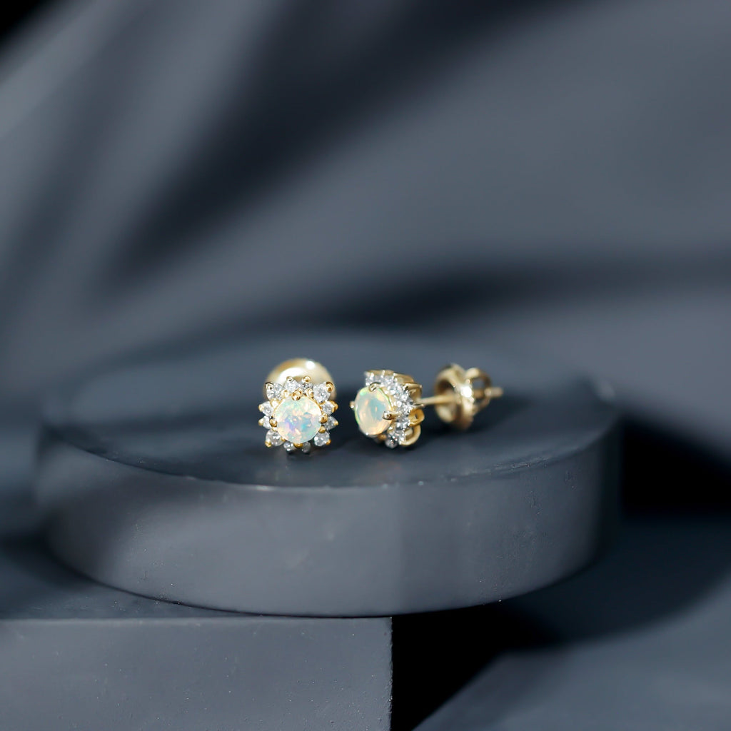 1 CT Classic Ethiopian Opal Stud Earrings with Diamond Halo