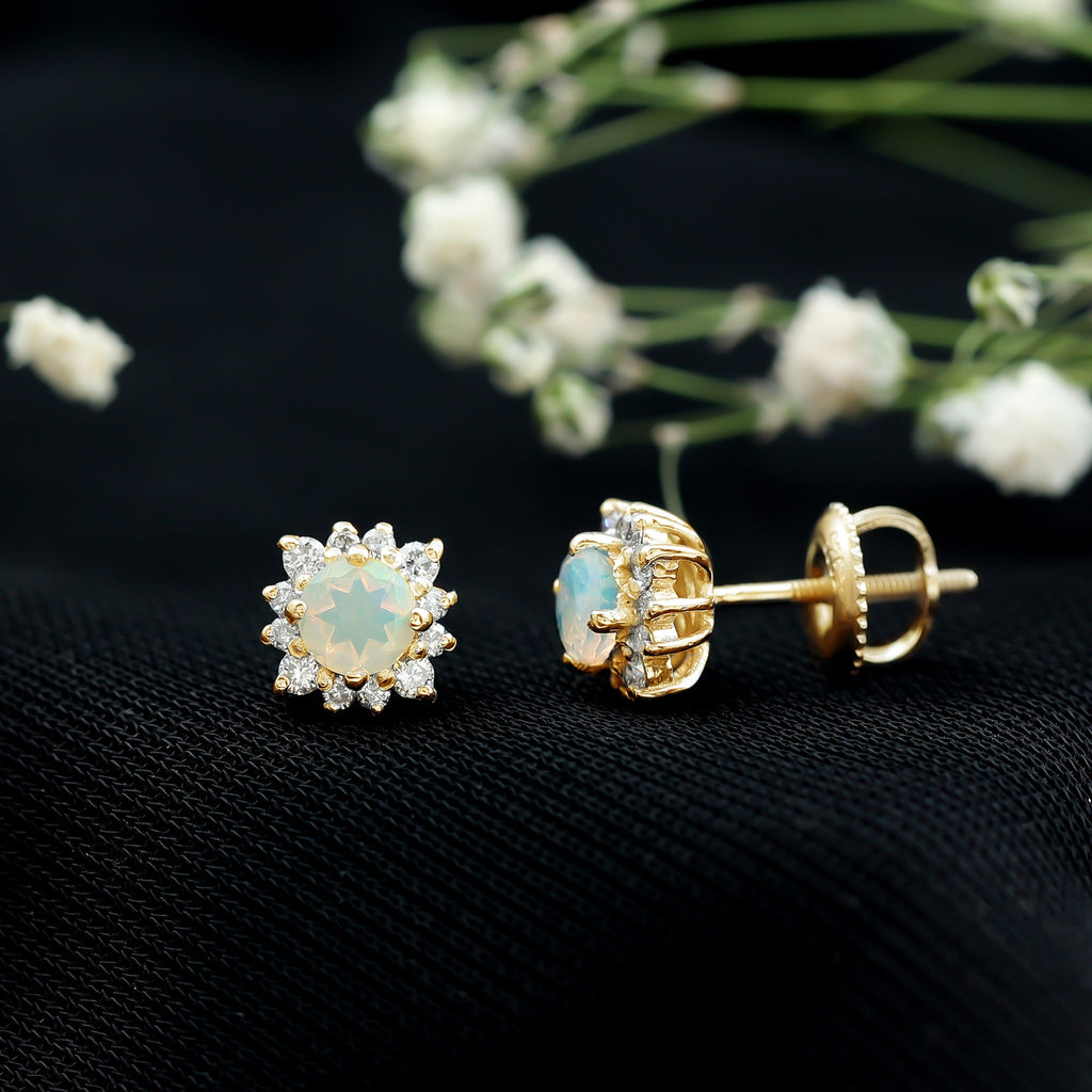 1 CT Classic Ethiopian Opal Stud Earrings with Diamond Halo