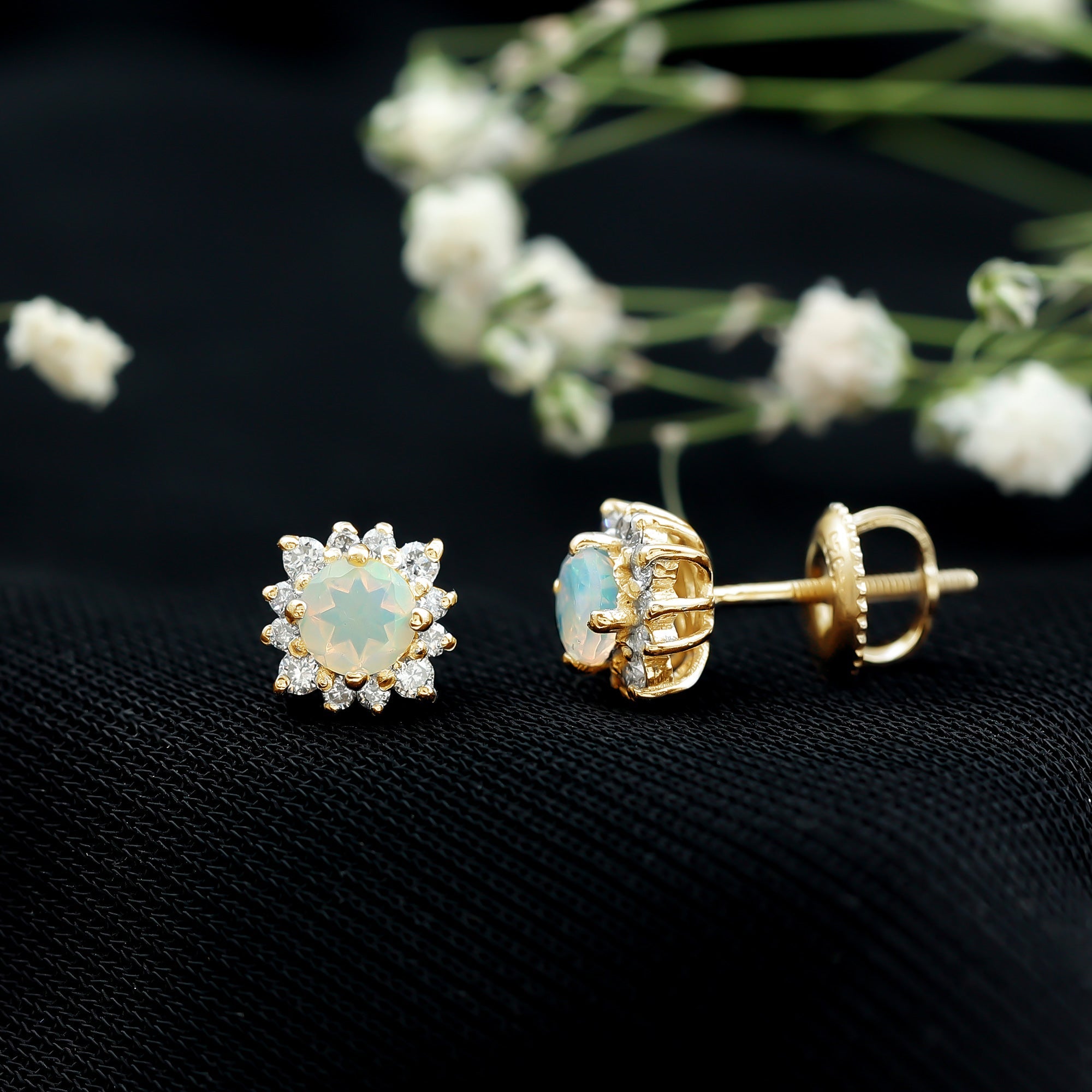 1 CT Classic Ethiopian Opal Stud Earrings with Diamond Halo
