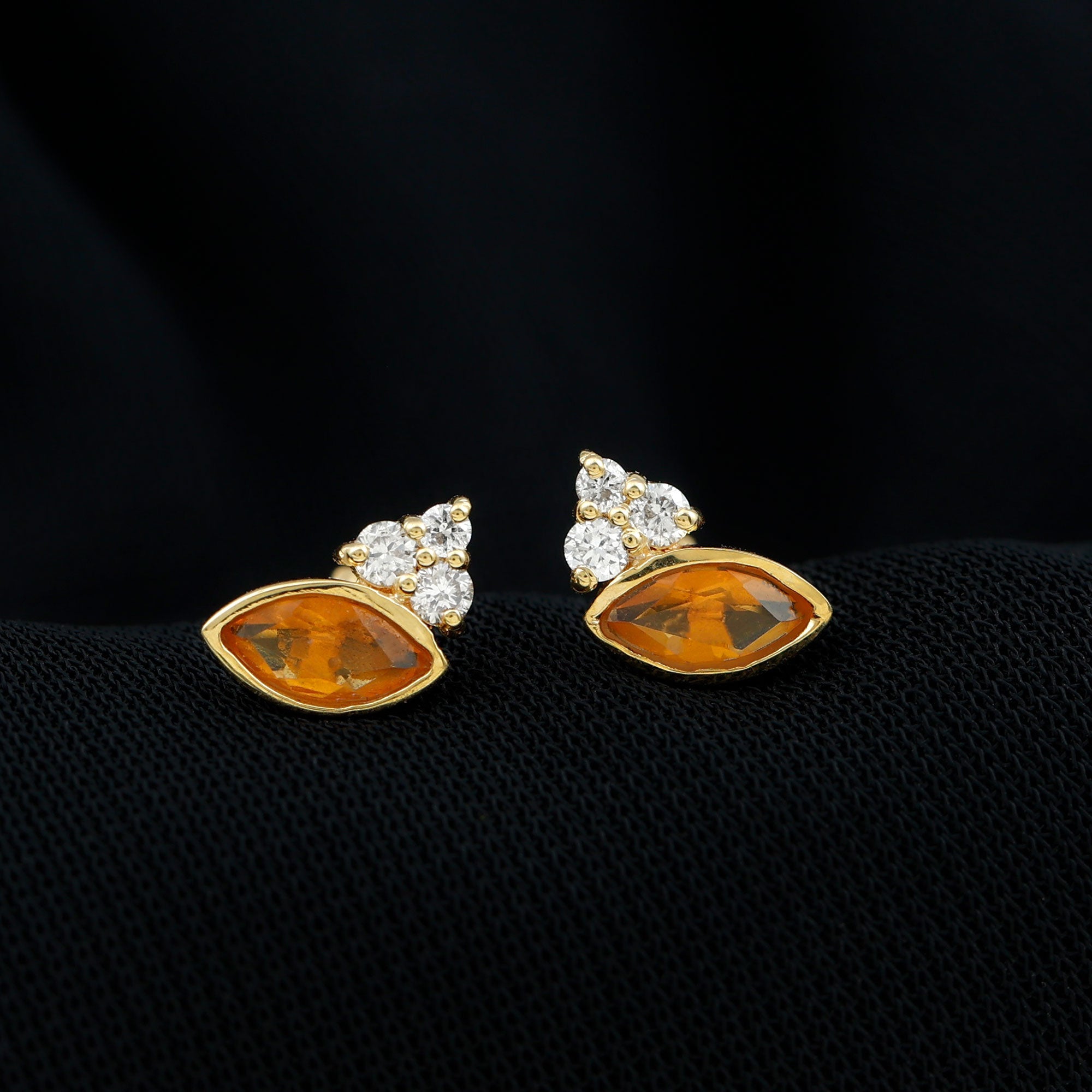 Marquise Cut Fire Opal Stud Earrings with Diamond Trio