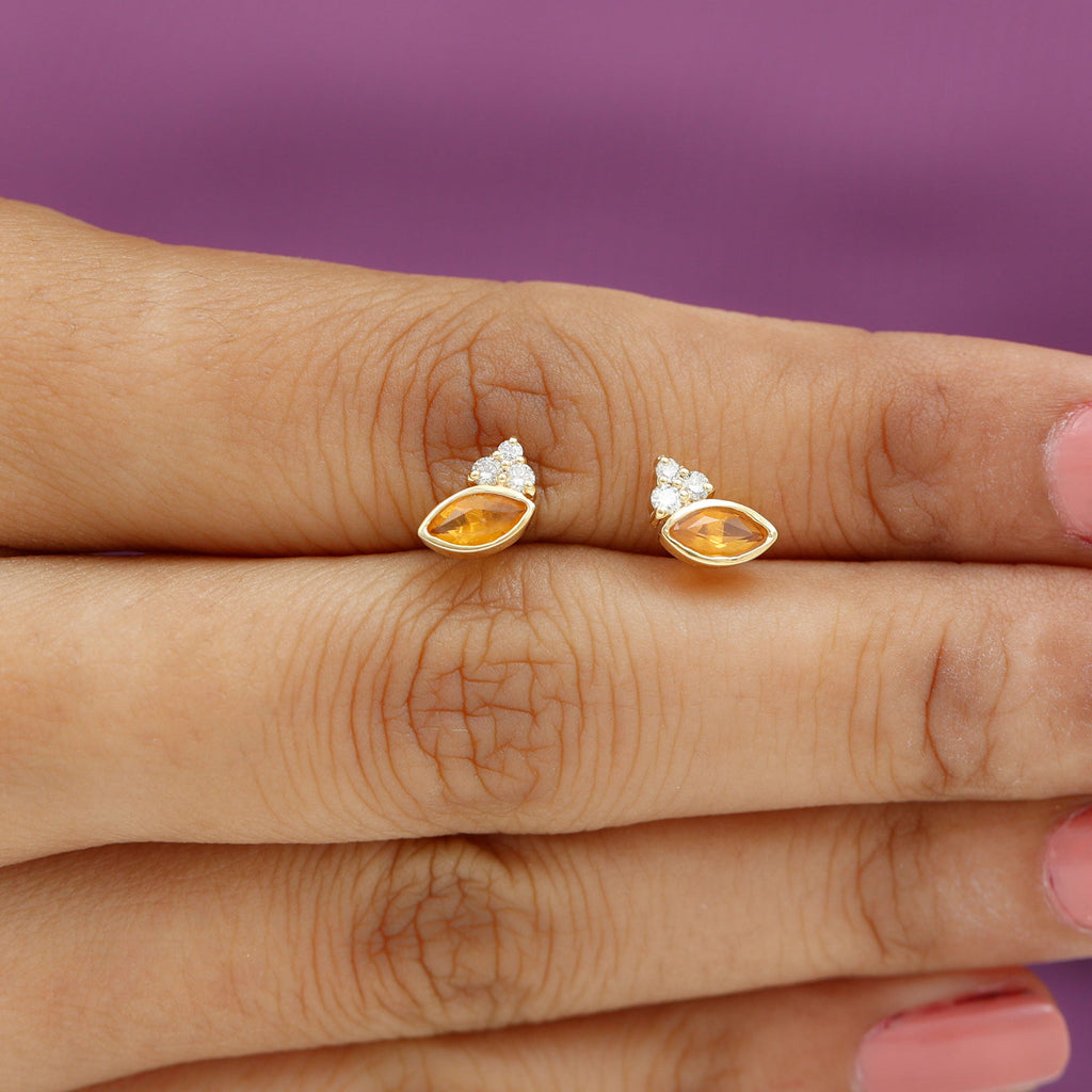 Marquise Cut Fire Opal Stud Earrings with Diamond Trio