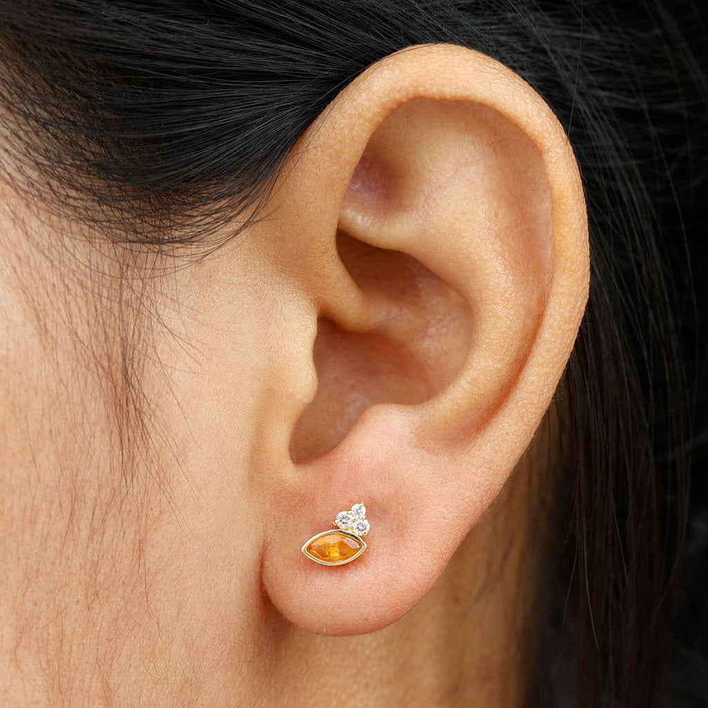 Marquise Cut Fire Opal Stud Earrings with Diamond Trio