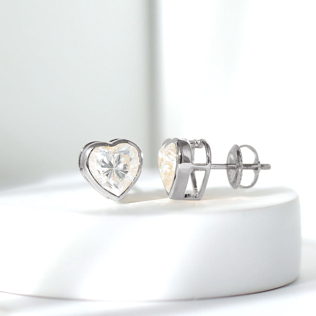 3 Carat Moissanite Heart Stud Earrings in Bezel Setting