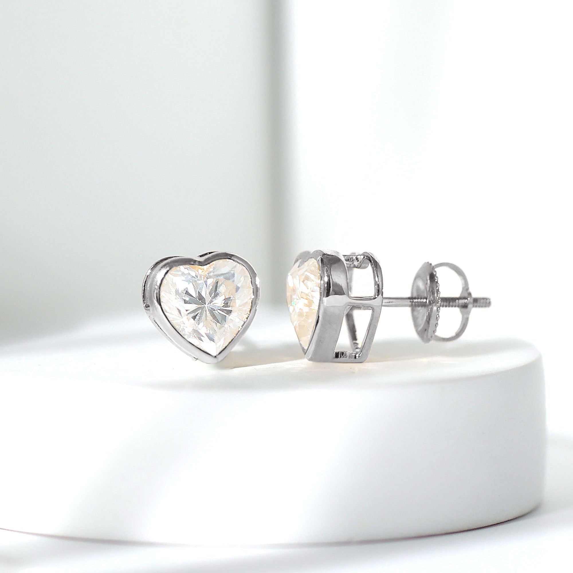 3 Carat Moissanite Heart Stud Earrings in Bezel Setting