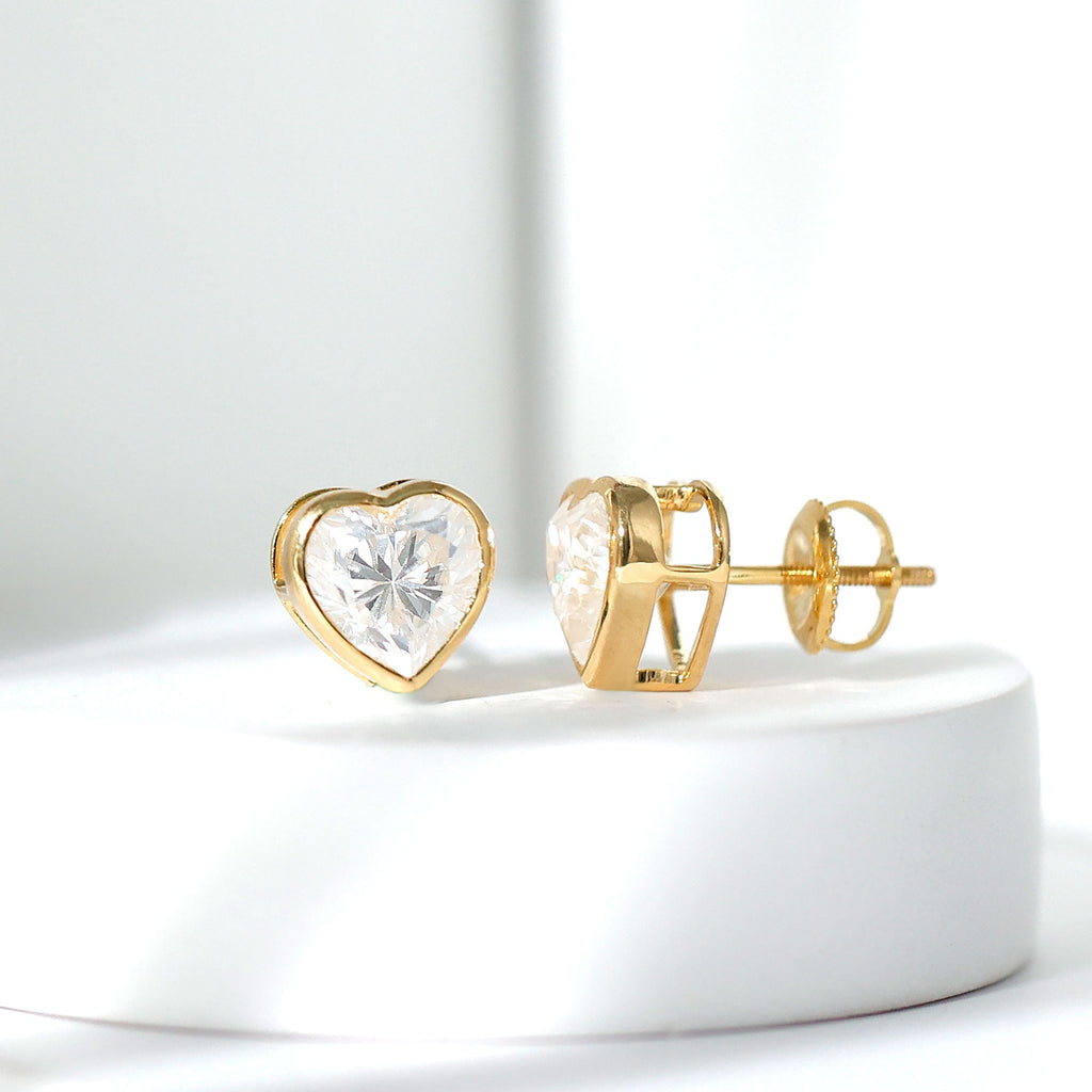 3 Carat Moissanite Heart Stud Earrings in Bezel Setting