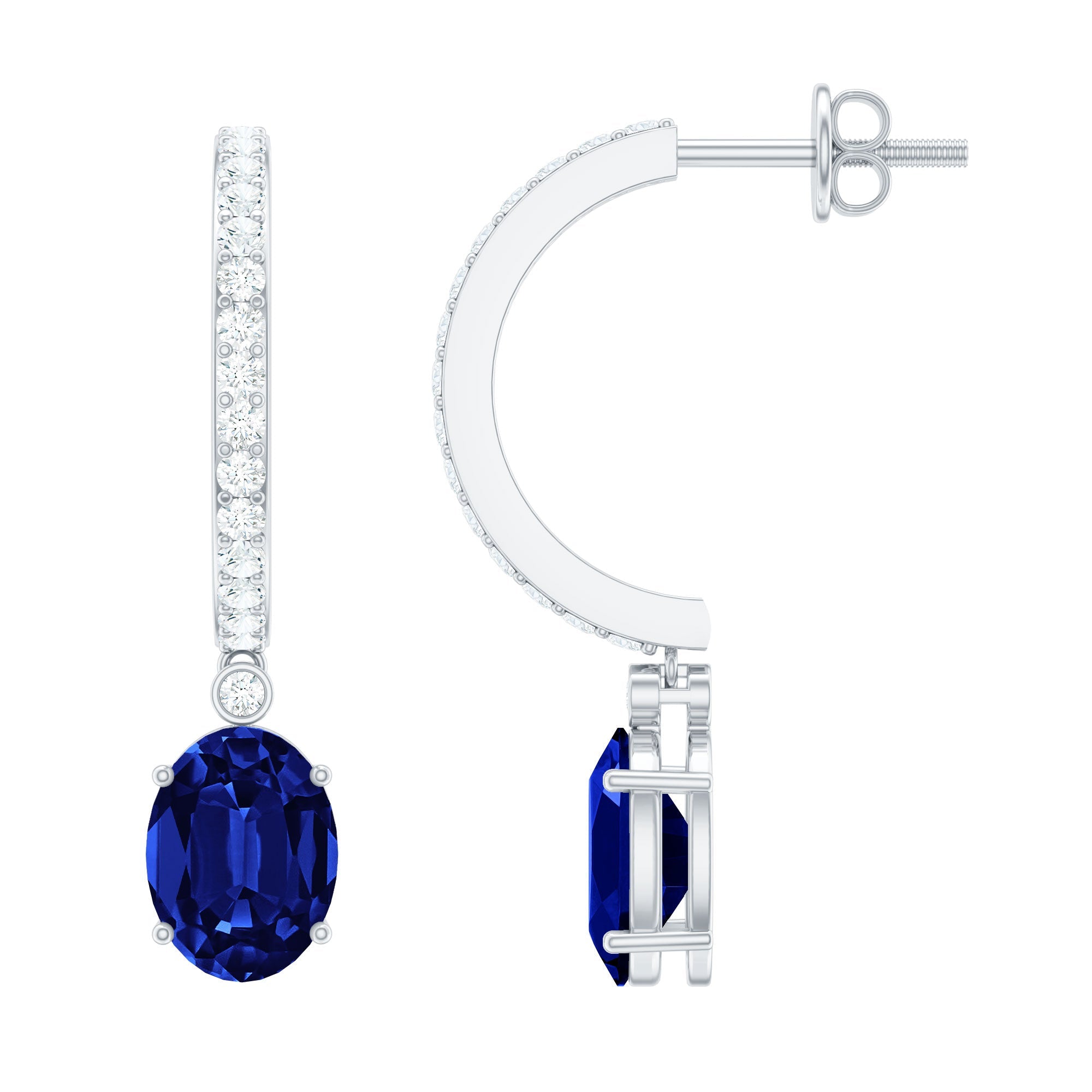 Oval Lab Created Blue Sapphire and Moissanite Hoop Drop Earrings