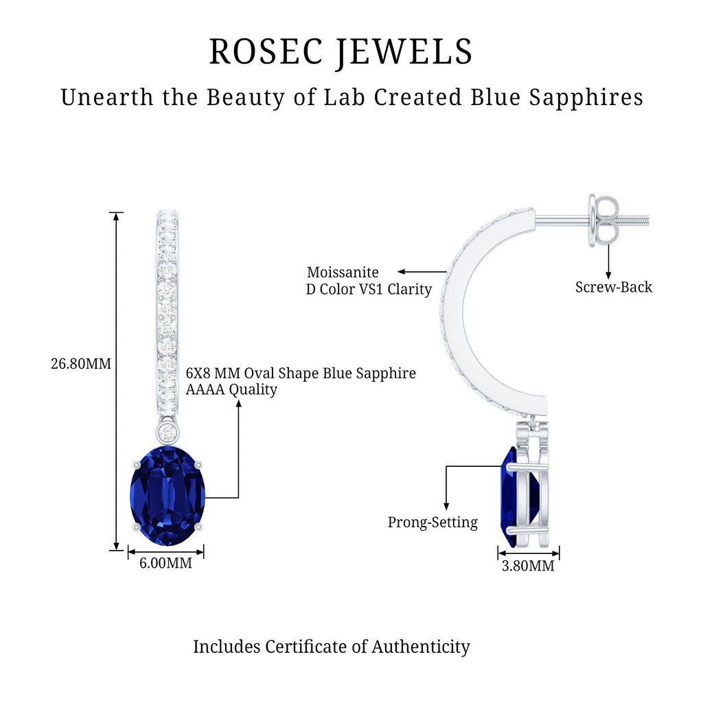 Oval Lab Created Blue Sapphire and Moissanite Hoop Drop Earrings