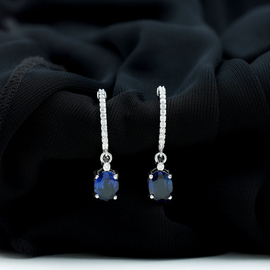 Oval Lab Created Blue Sapphire and Moissanite Hoop Drop Earrings