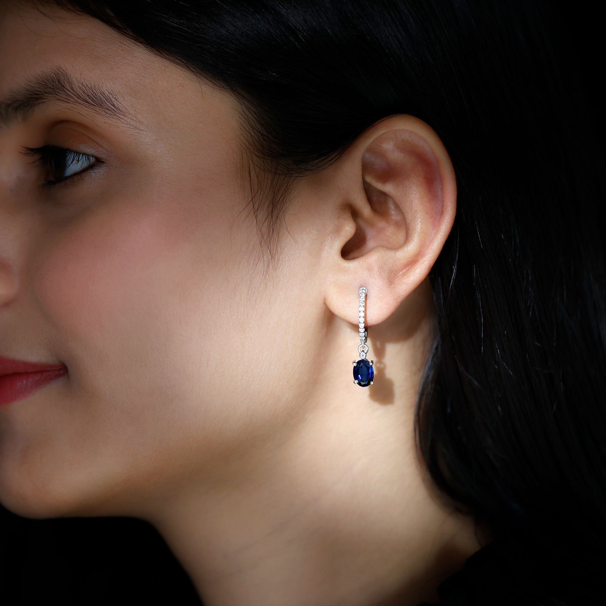 Oval Lab Created Blue Sapphire and Moissanite Hoop Drop Earrings