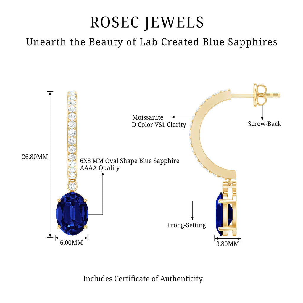 Oval Lab Created Blue Sapphire and Moissanite Hoop Drop Earrings