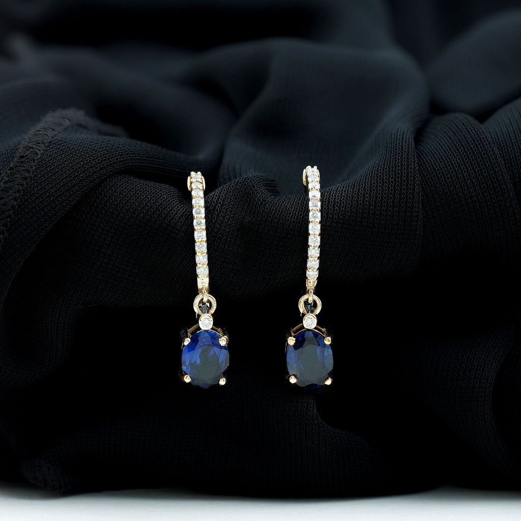 Oval Lab Created Blue Sapphire and Moissanite Hoop Drop Earrings