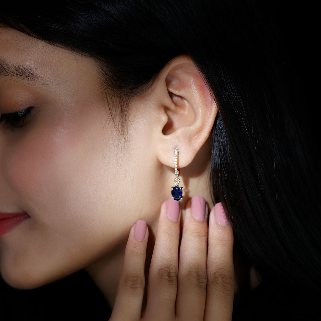 Oval Lab Created Blue Sapphire and Moissanite Hoop Drop Earrings