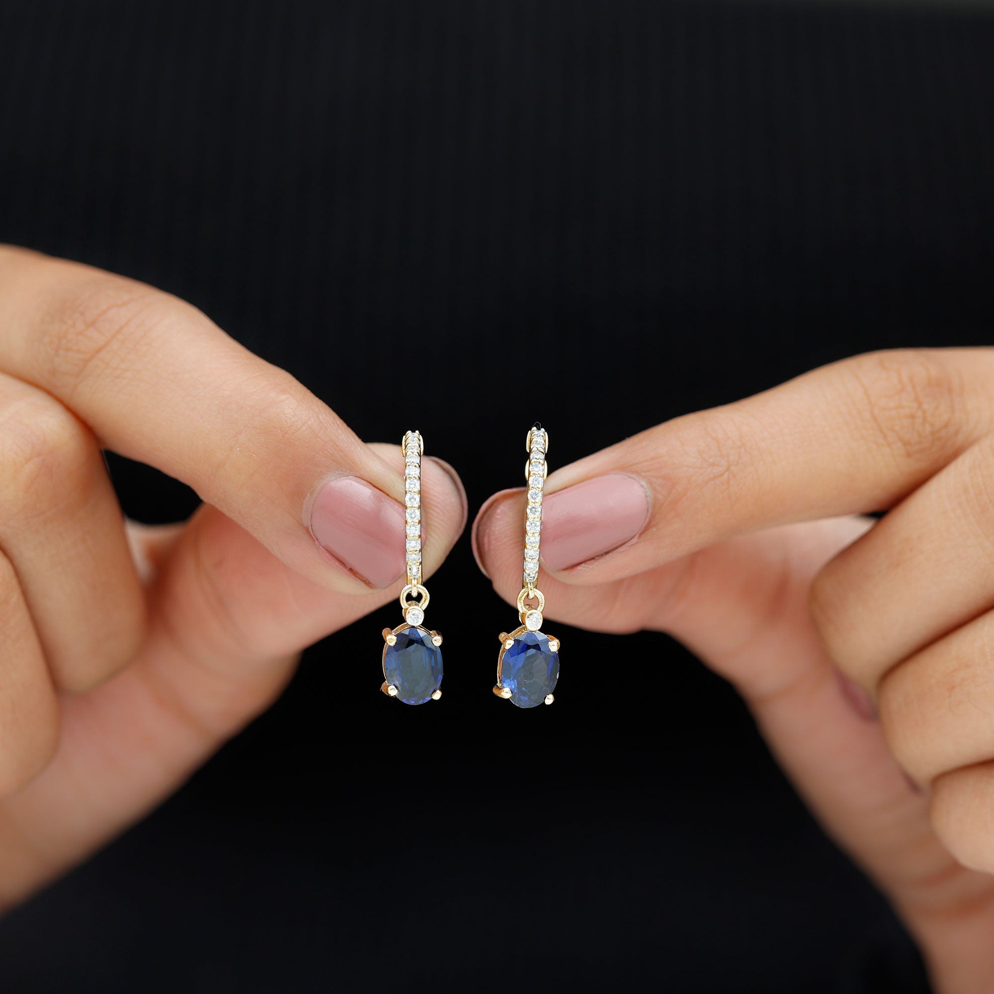 Oval Lab Created Blue Sapphire and Moissanite Hoop Drop Earrings