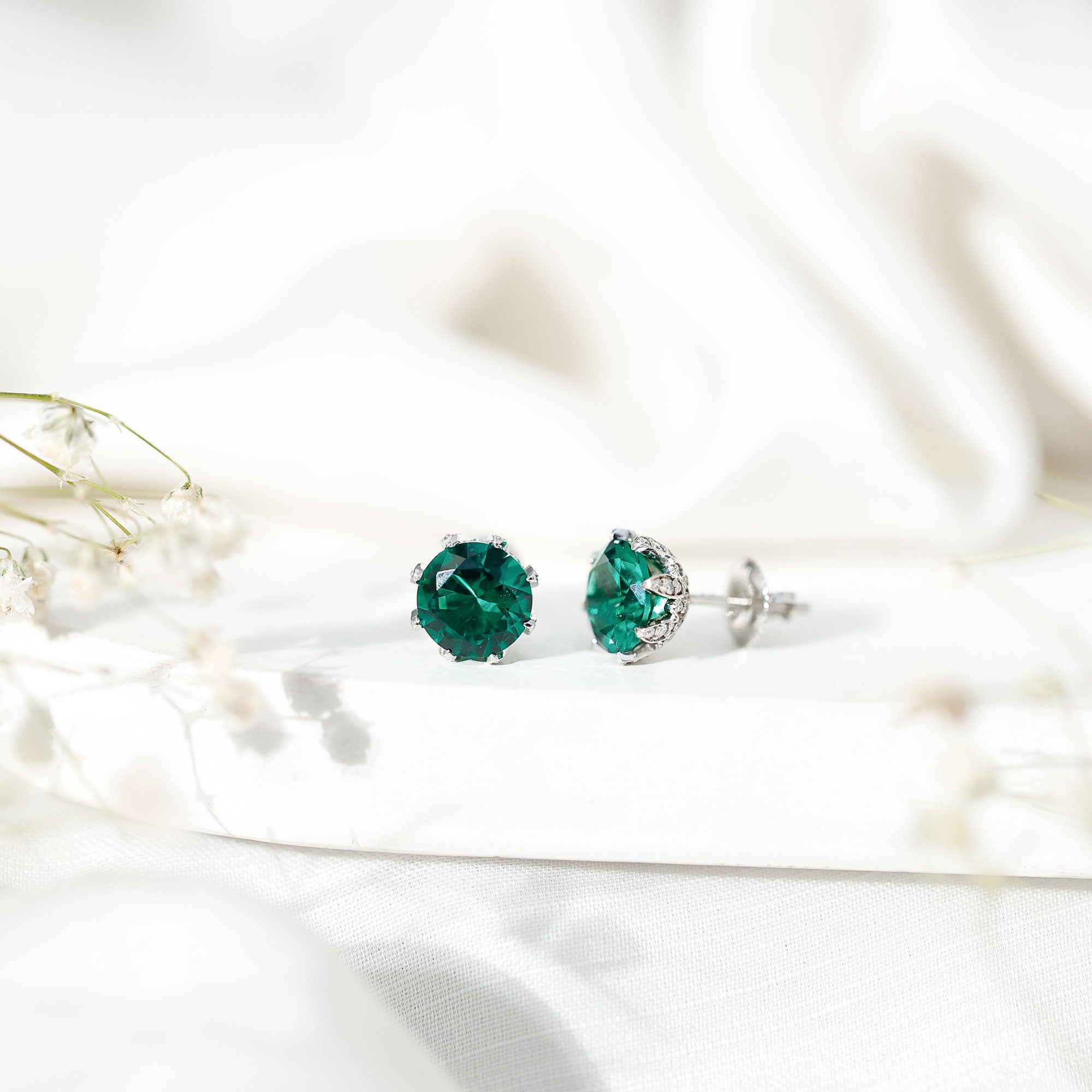 Certified Lab Created Emerald Solitaire Floral Stud Earrings