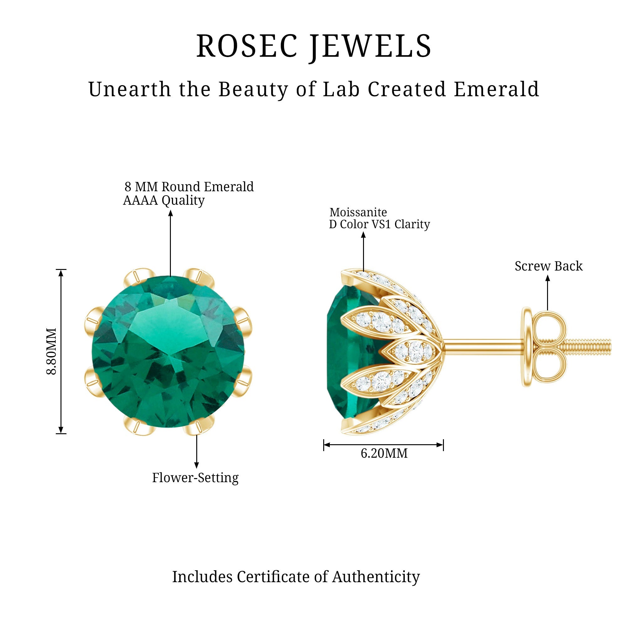 Certified Lab Created Emerald Solitaire Floral Stud Earrings