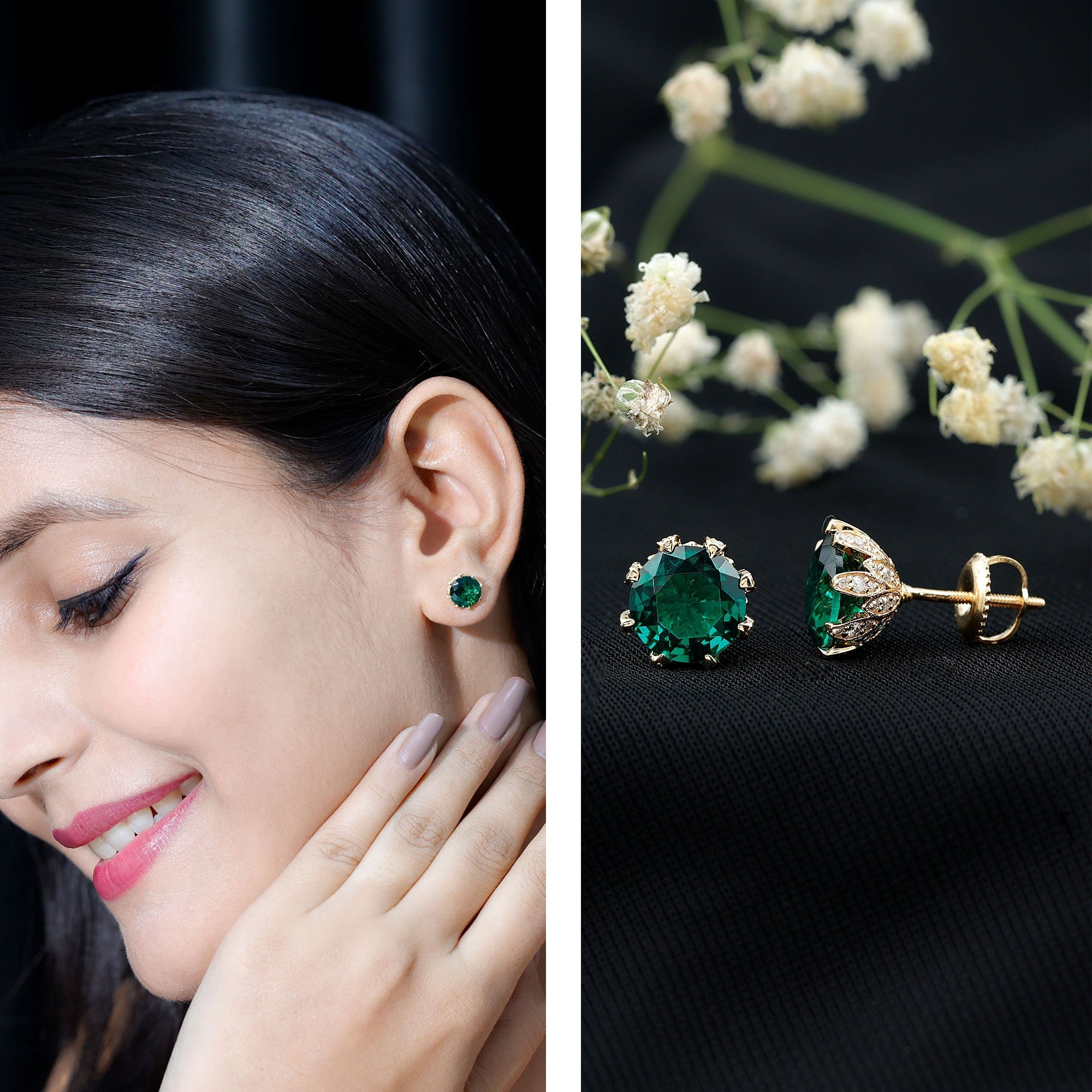 Certified Lab Created Emerald Solitaire Floral Stud Earrings
