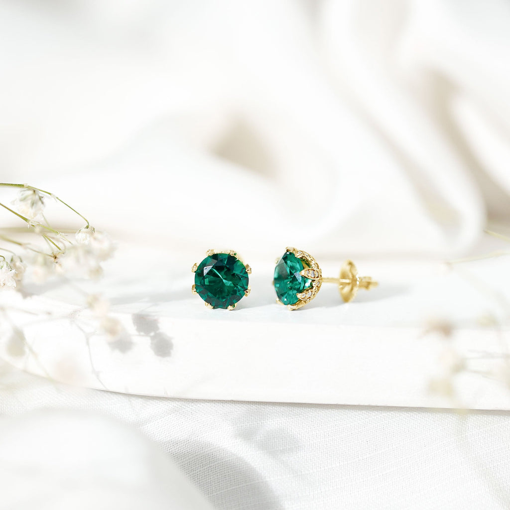 Certified Lab Created Emerald Solitaire Floral Stud Earrings