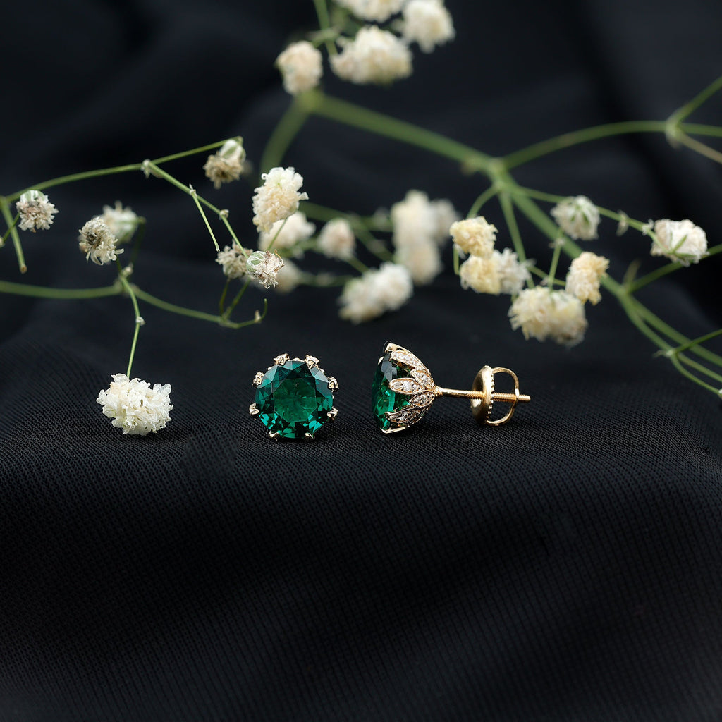 Certified Lab Created Emerald Solitaire Floral Stud Earrings