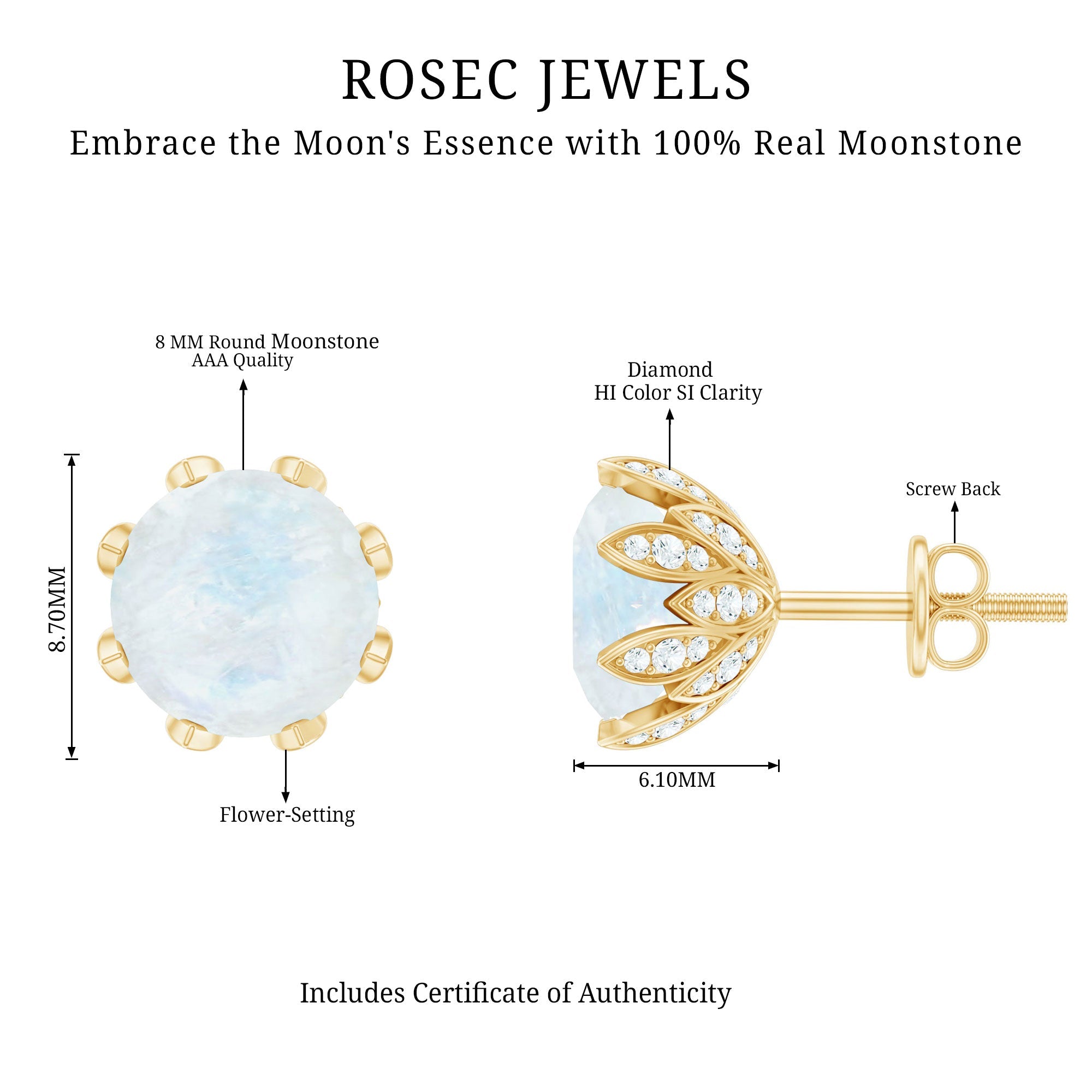 Natural 1.7 Carat Moonstone Stud Earrings with Diamond