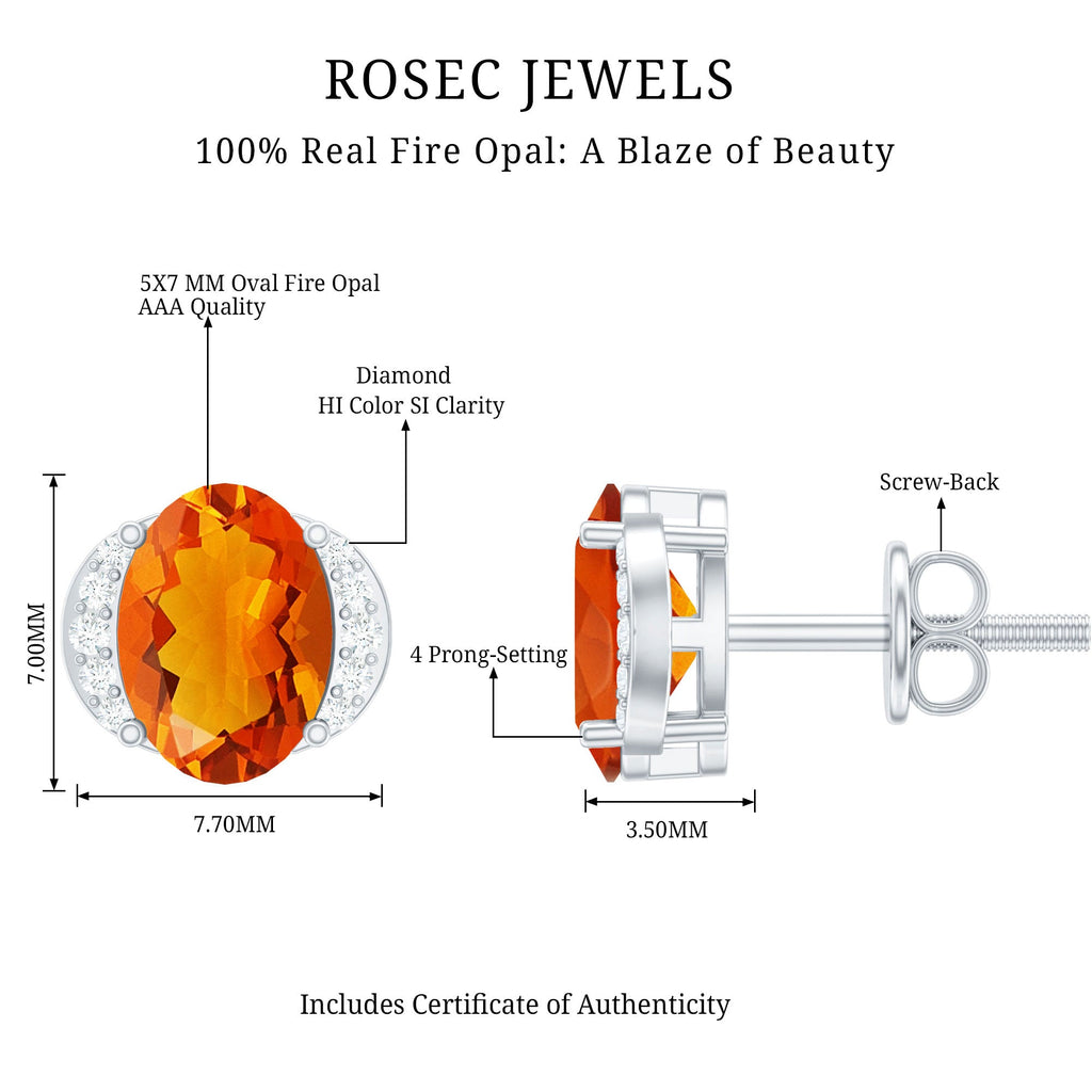 Orange Fire Opal Solitaire Stud Earrings with Diamond