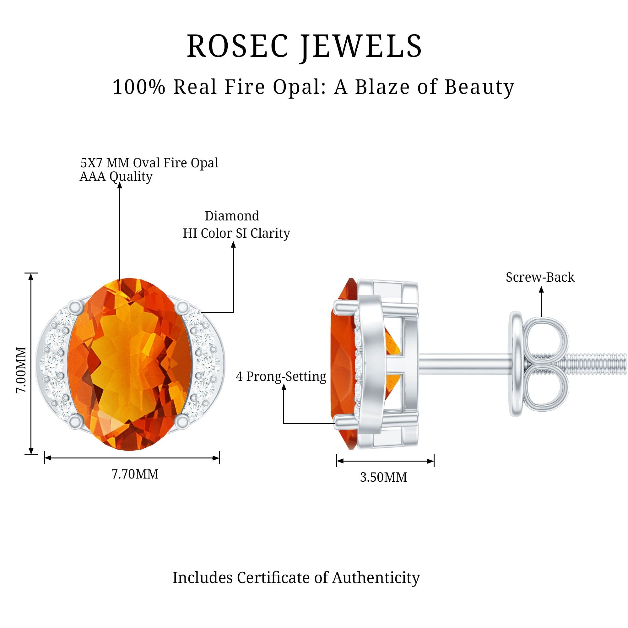 Orange Fire Opal Solitaire Stud Earrings with Diamond