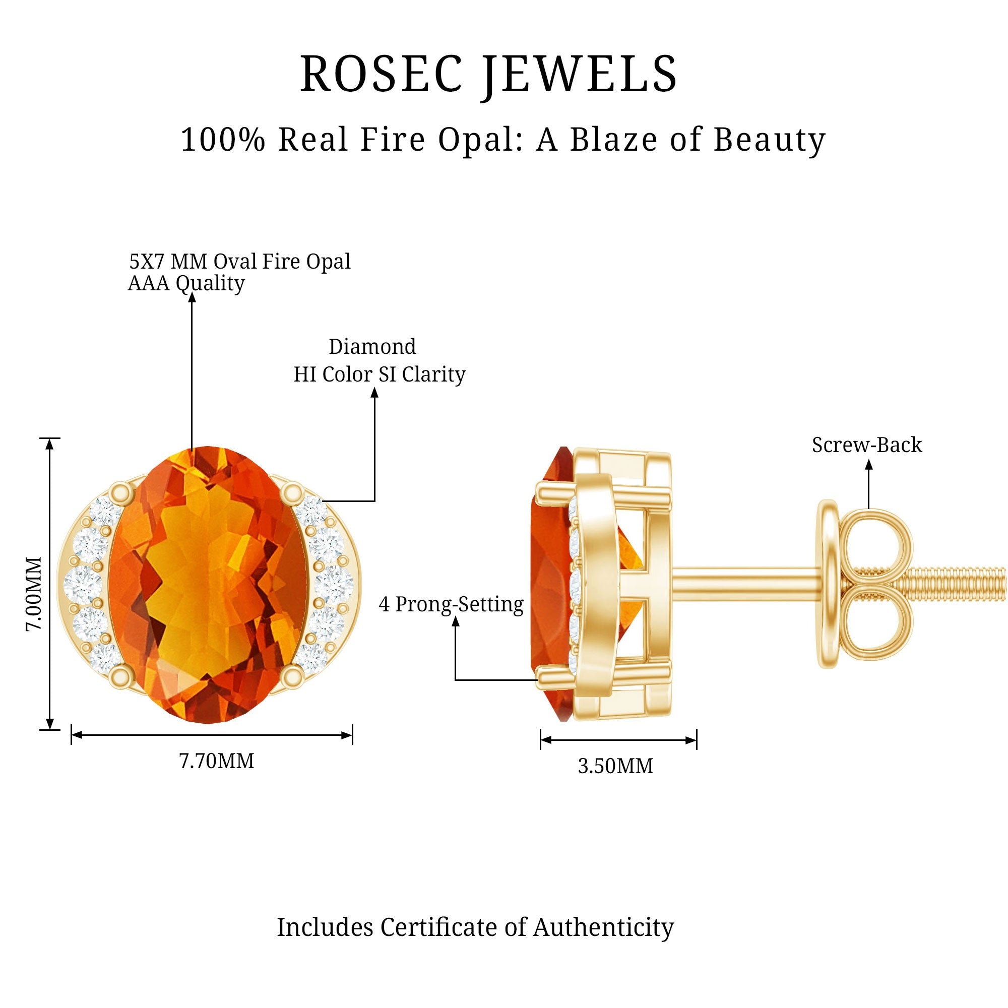 Orange Fire Opal Solitaire Stud Earrings with Diamond