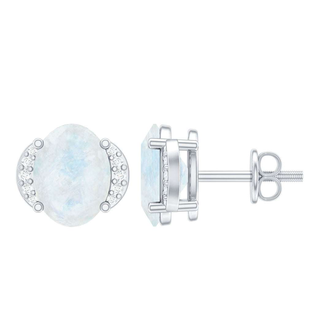 Oval Moonstone Minimal Solitaire Stud Earrings with Diamond