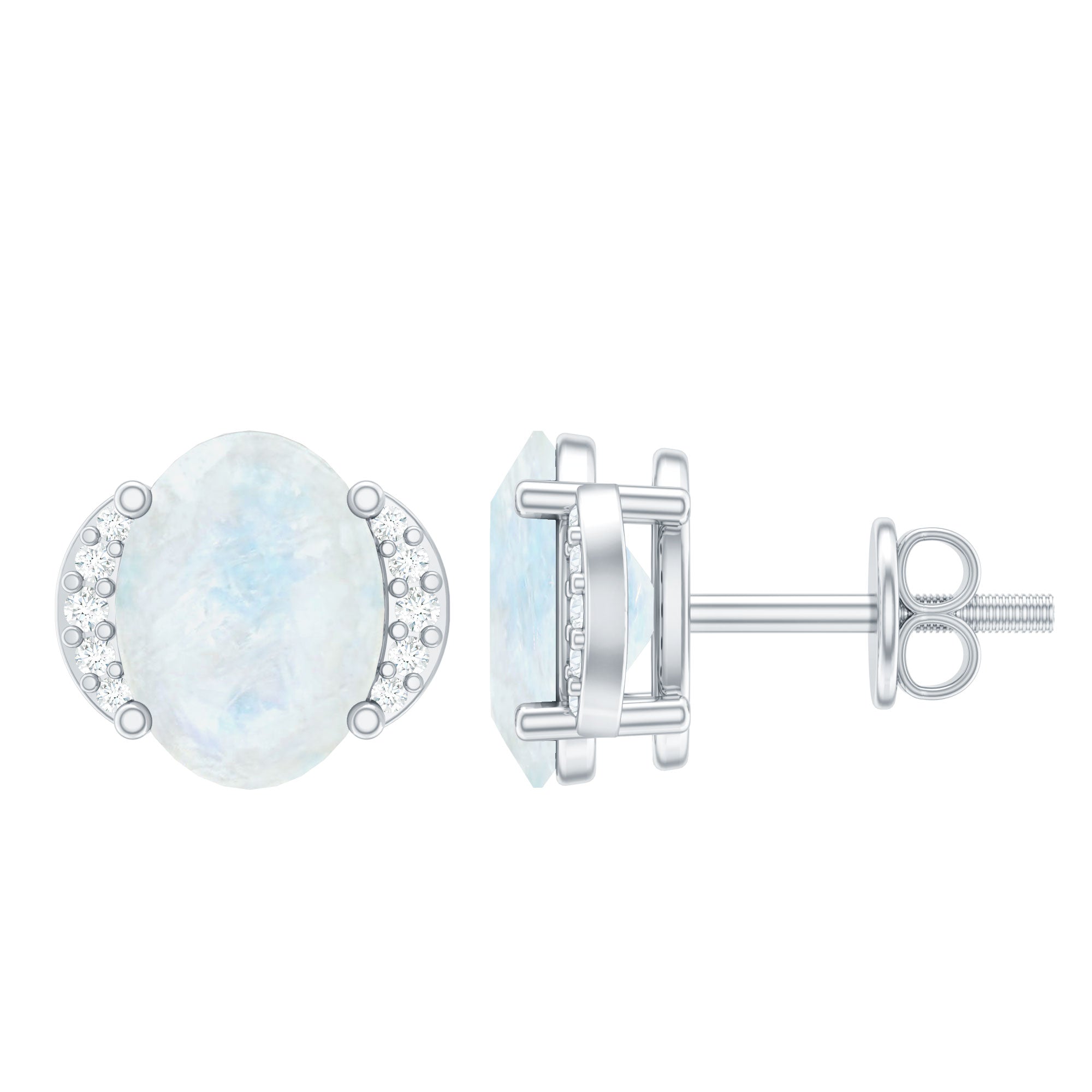 Oval Moonstone Minimal Solitaire Stud Earrings with Diamond