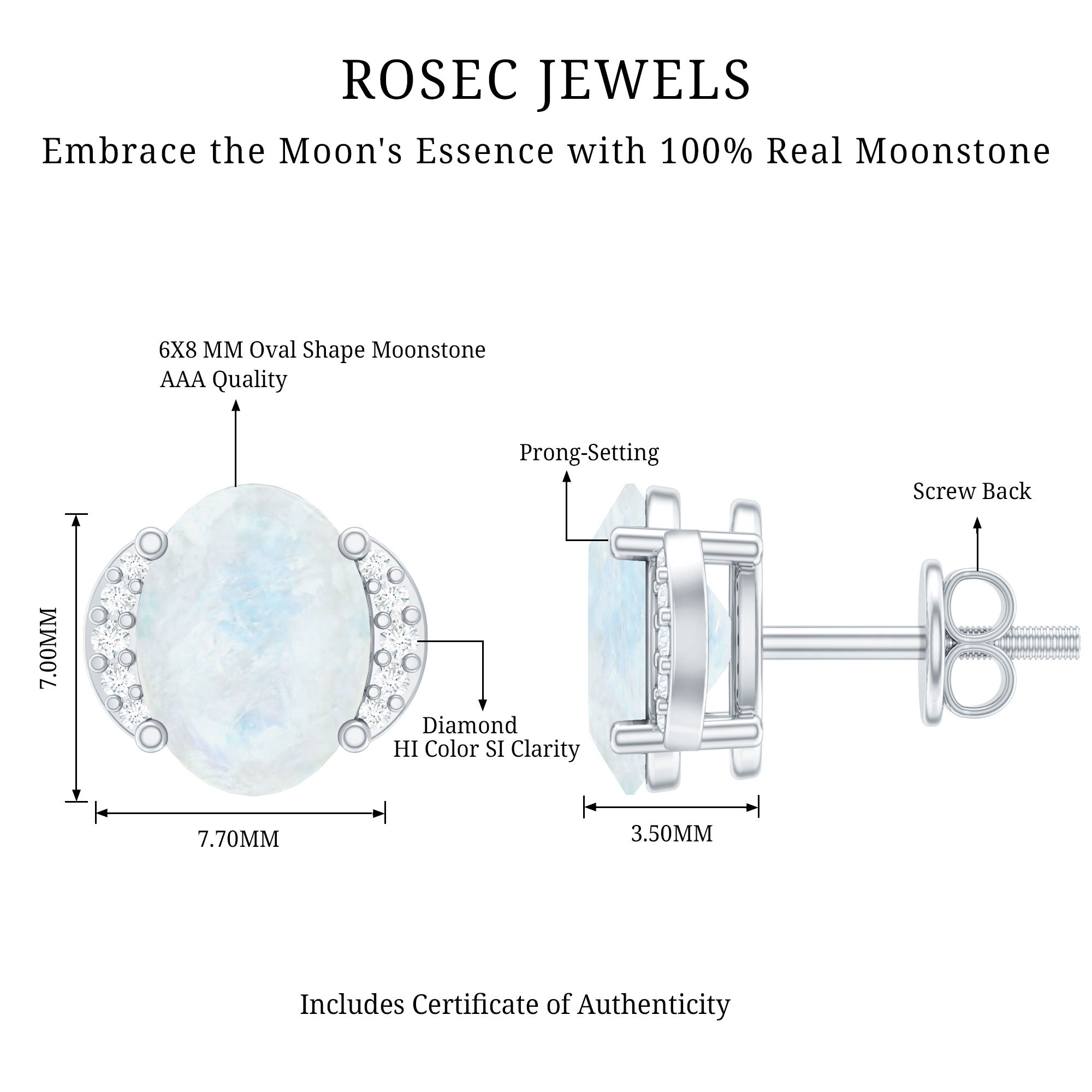 Oval Moonstone Minimal Solitaire Stud Earrings with Diamond