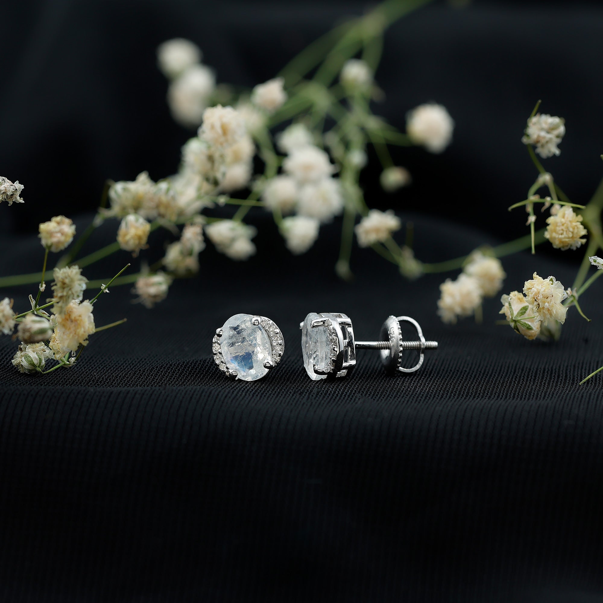 Oval Moonstone Minimal Solitaire Stud Earrings with Diamond