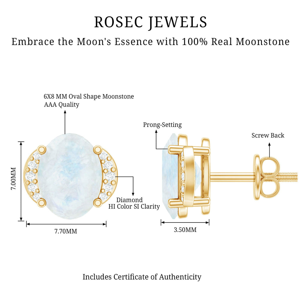 Oval Moonstone Minimal Solitaire Stud Earrings with Diamond