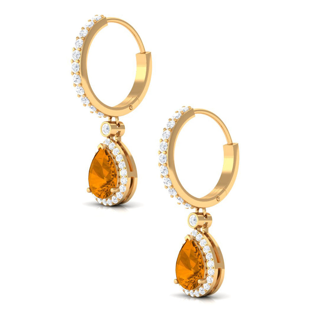 Natural Citrine Teardrop Earrings with Hinged Hoop