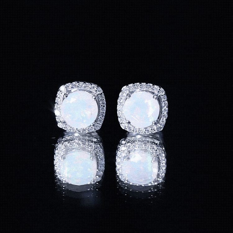 Real Ethiopian Opal and Diamond Halo Stud Earrings