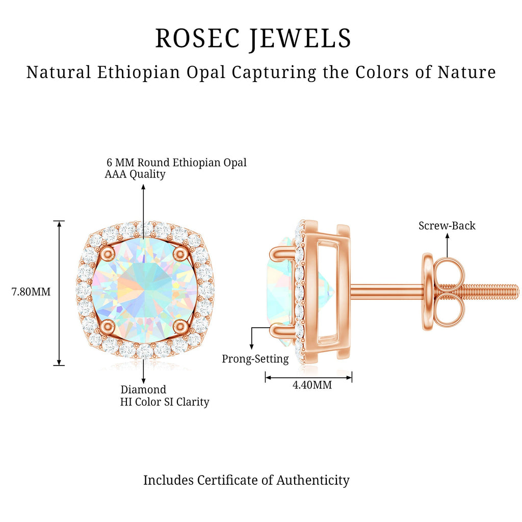 Real Ethiopian Opal and Diamond Halo Stud Earrings