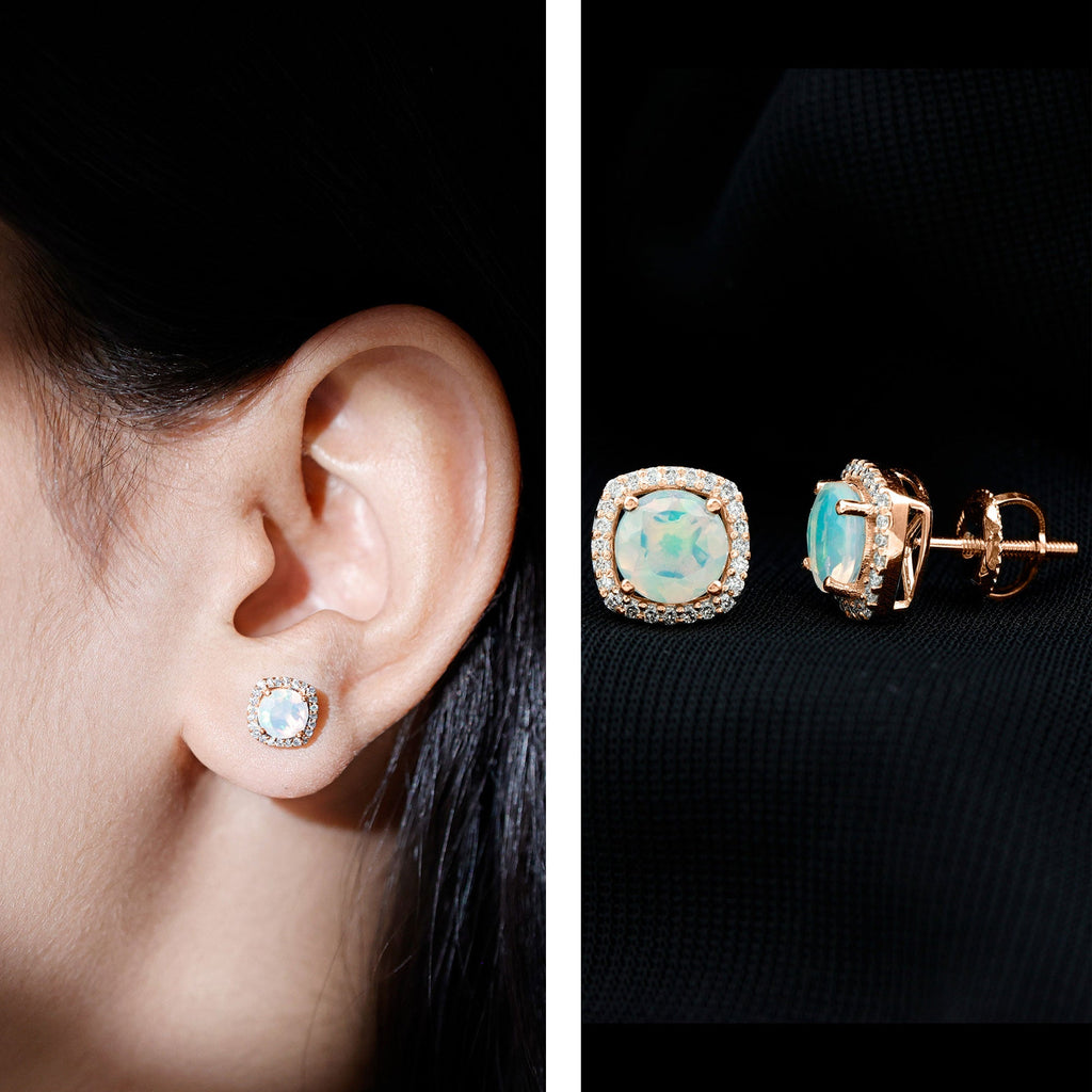 Real Ethiopian Opal and Diamond Halo Stud Earrings