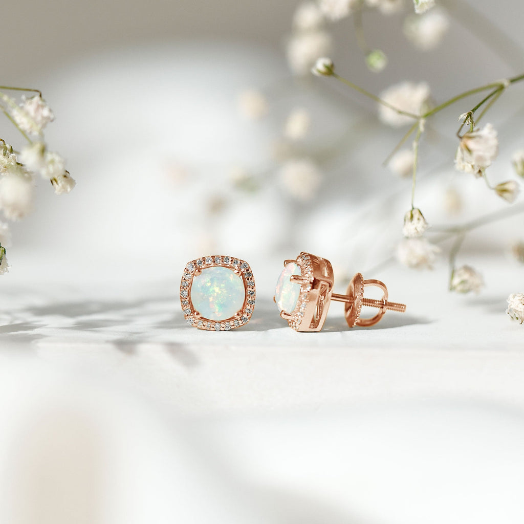Real Ethiopian Opal and Diamond Halo Stud Earrings