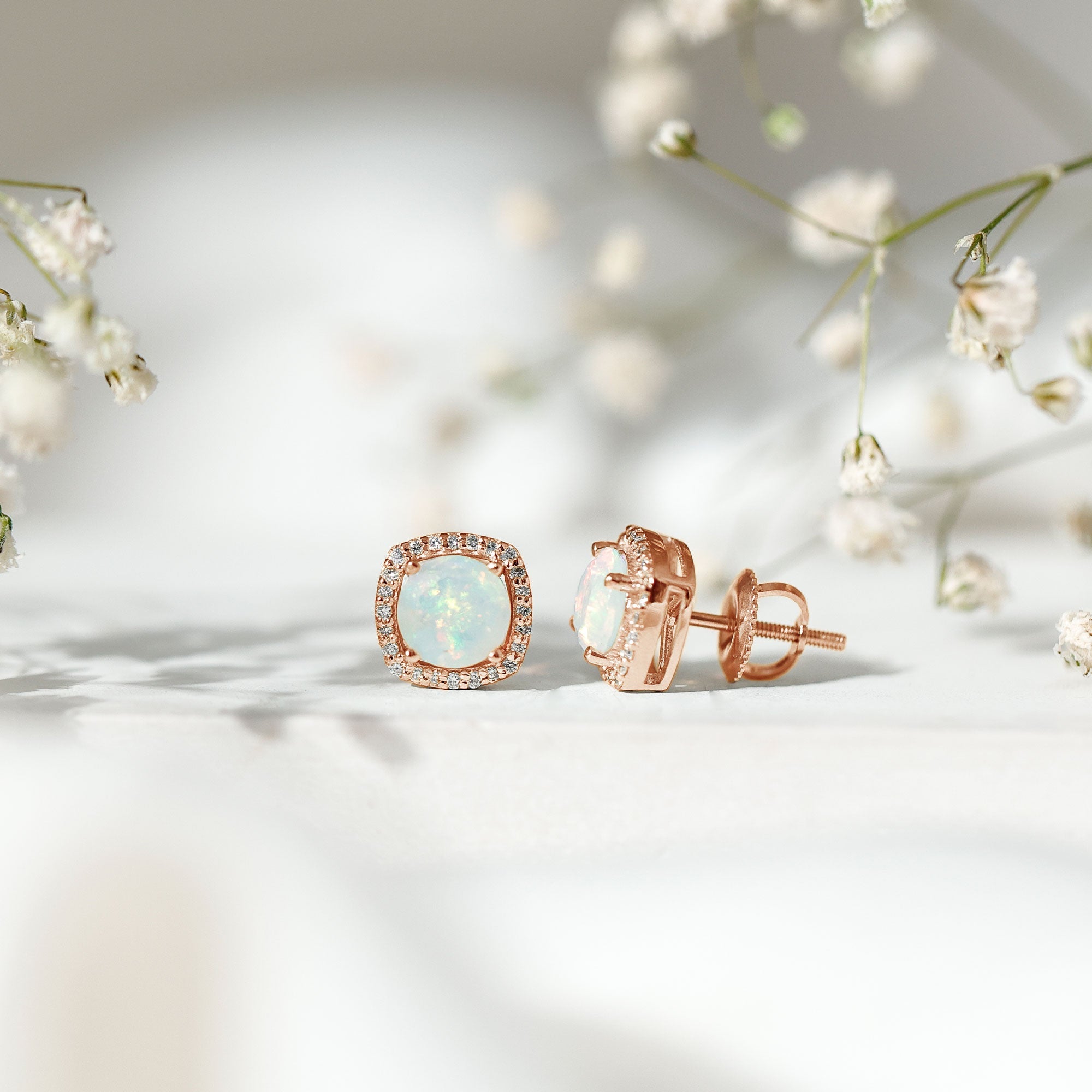 Real Ethiopian Opal and Diamond Halo Stud Earrings