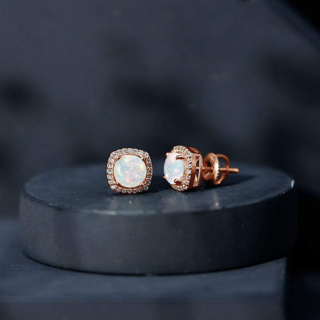 Real Ethiopian Opal and Diamond Halo Stud Earrings