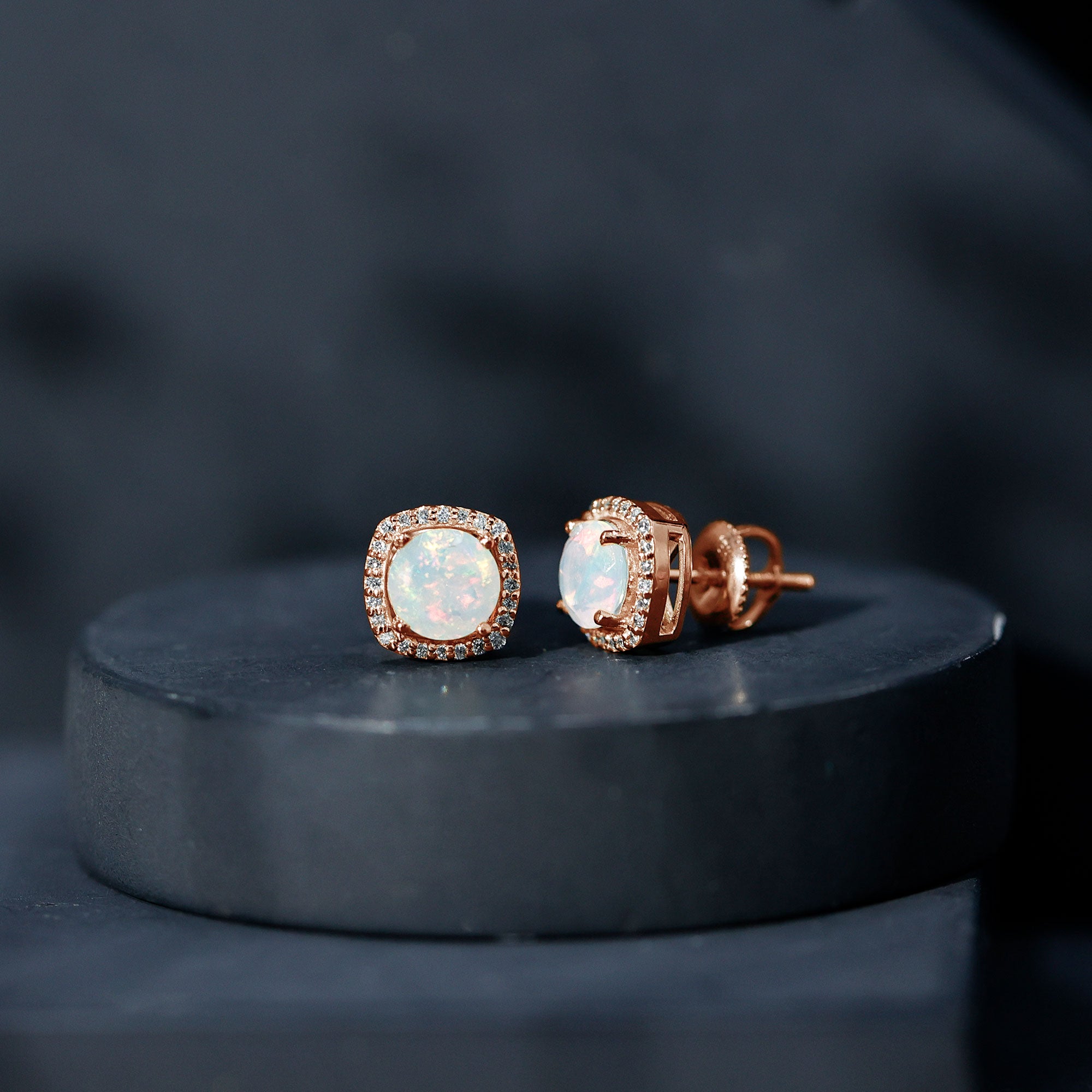 Real Ethiopian Opal and Diamond Halo Stud Earrings
