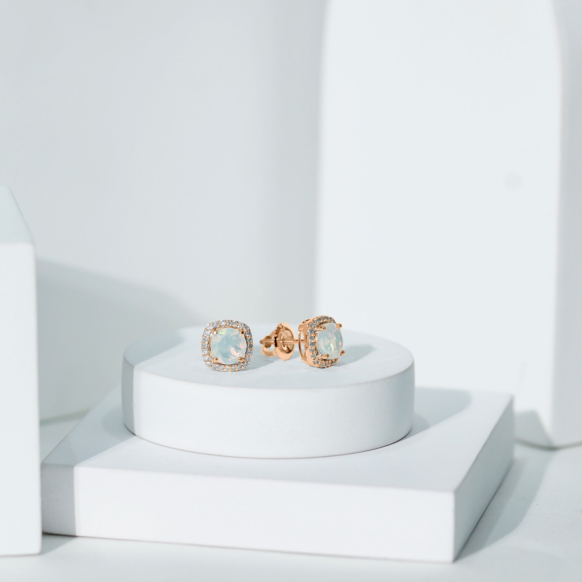 Real Ethiopian Opal and Diamond Halo Stud Earrings