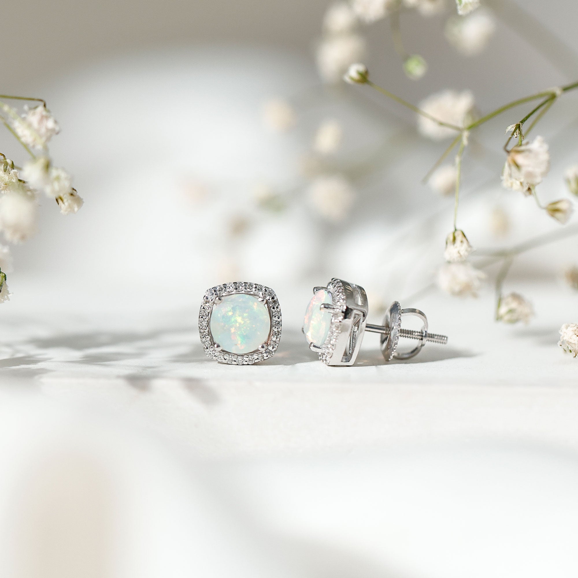 Real Ethiopian Opal and Diamond Halo Stud Earrings