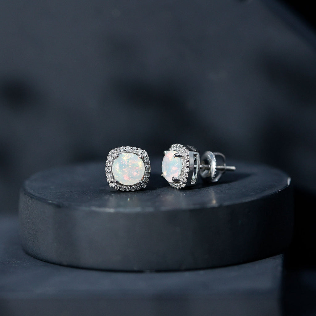 Real Ethiopian Opal and Diamond Halo Stud Earrings