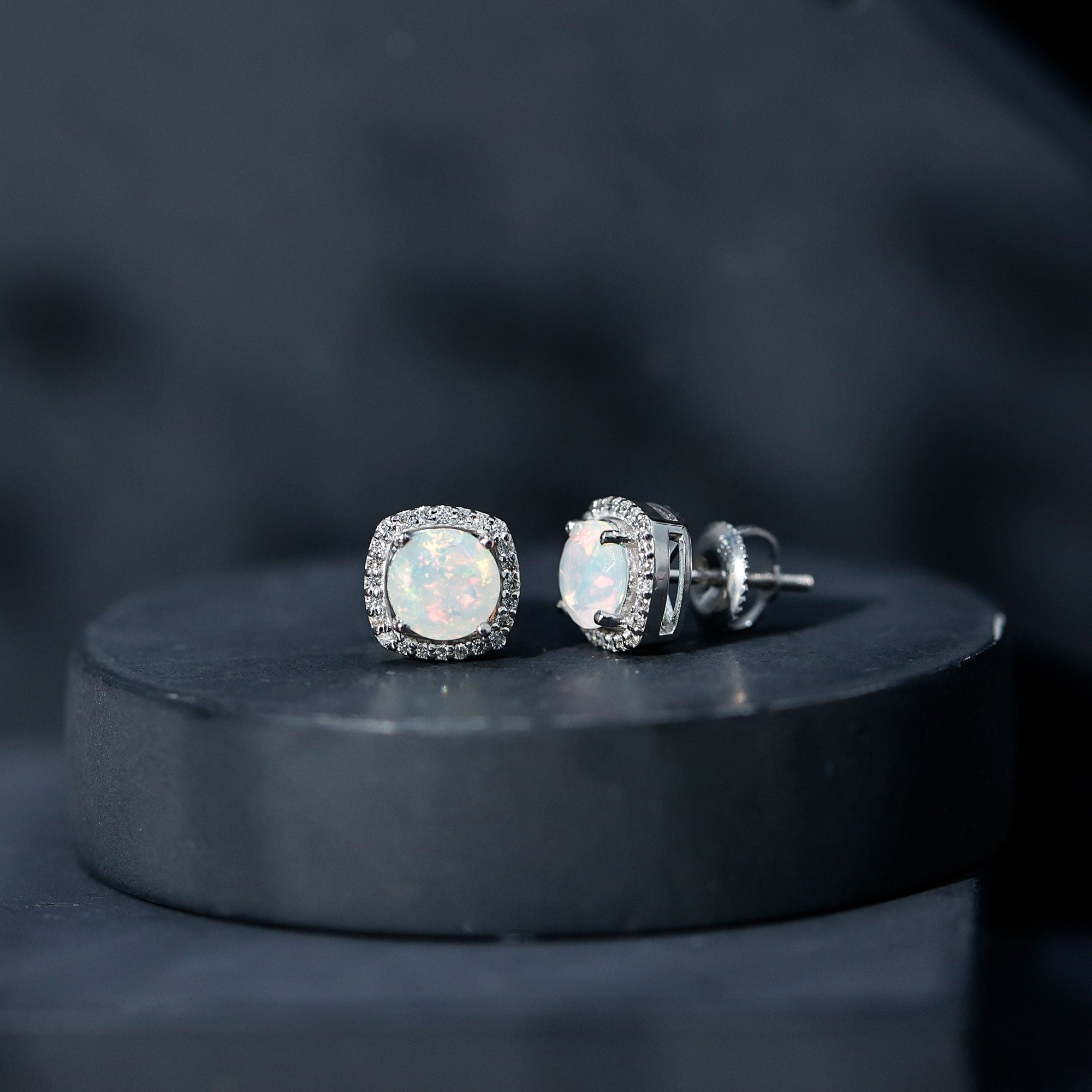 Real Ethiopian Opal and Diamond Halo Stud Earrings