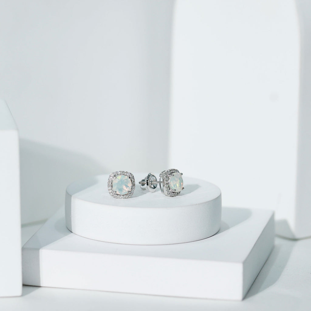 Real Ethiopian Opal and Diamond Halo Stud Earrings
