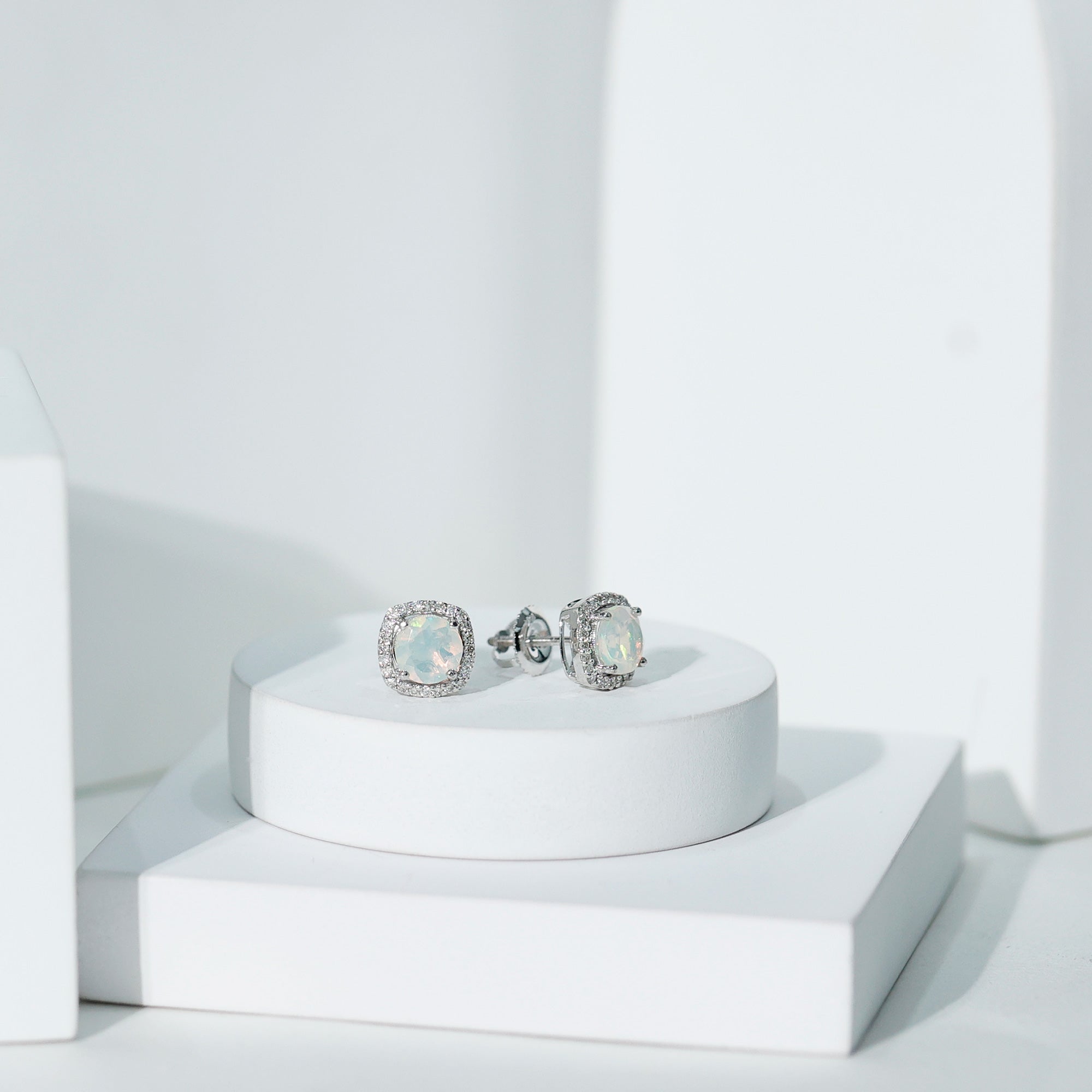 Real Ethiopian Opal and Diamond Halo Stud Earrings