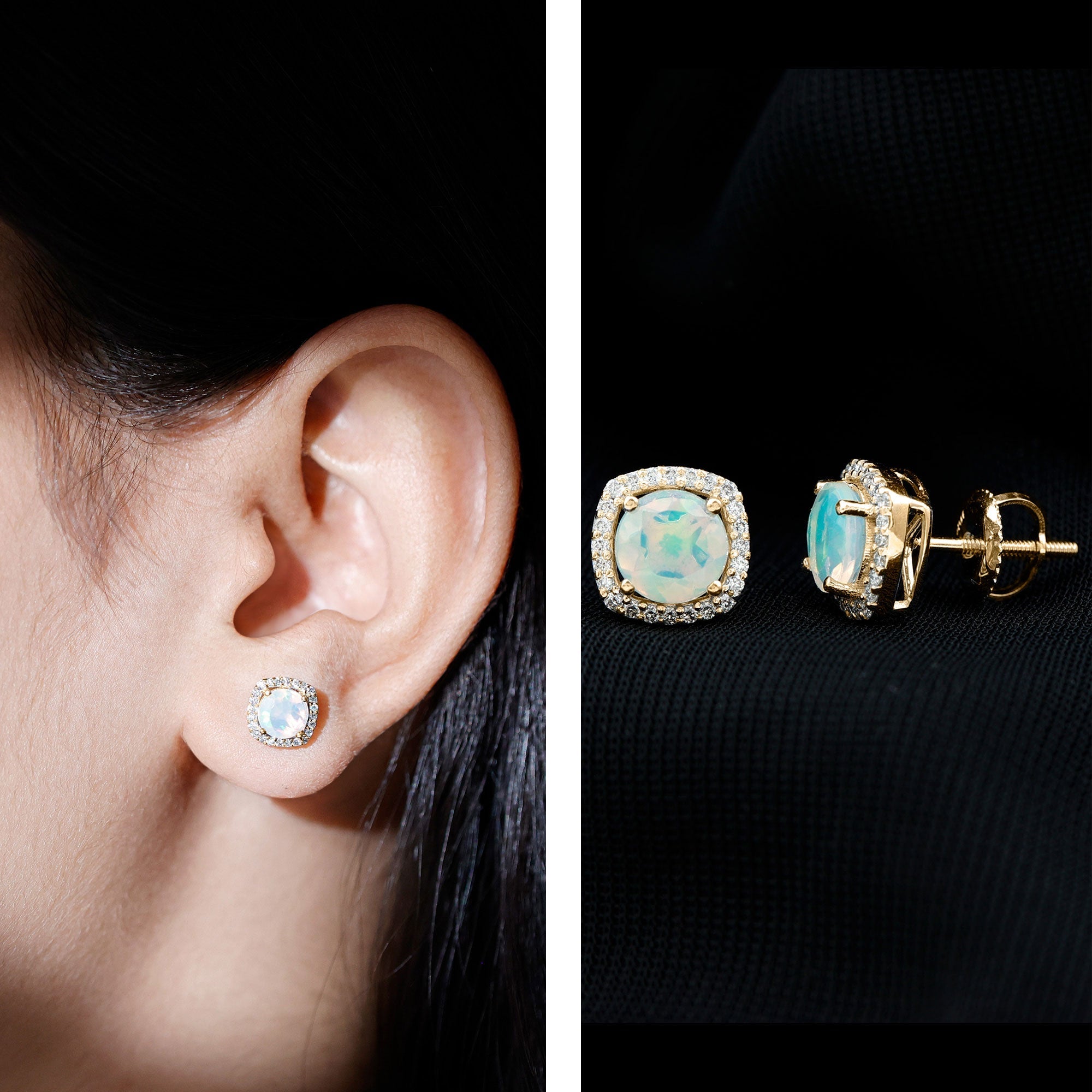 Real Ethiopian Opal and Diamond Halo Stud Earrings