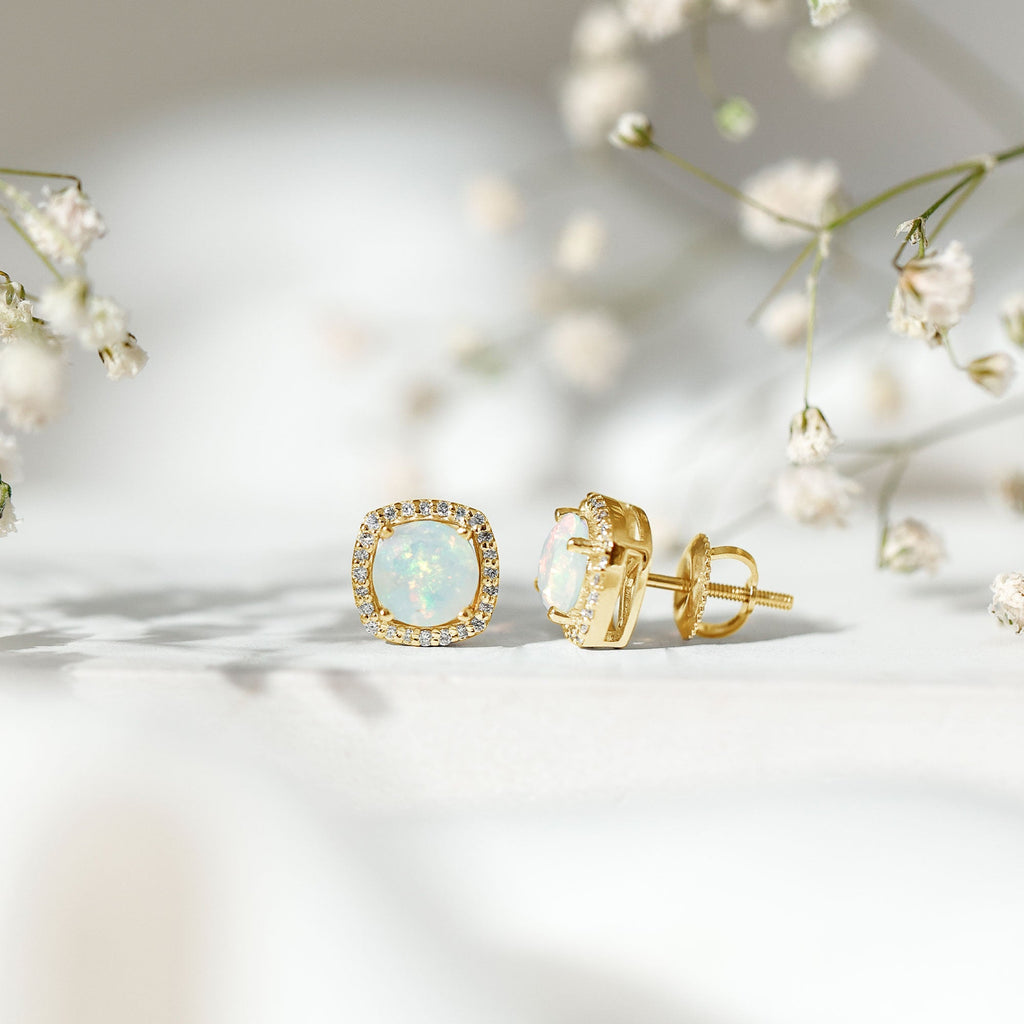 Real Ethiopian Opal and Diamond Halo Stud Earrings
